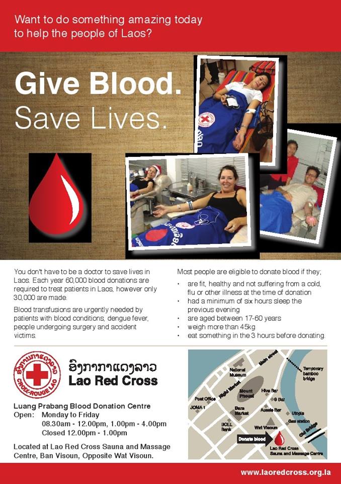 Red cross flyer in Luang Prabang - Give blood